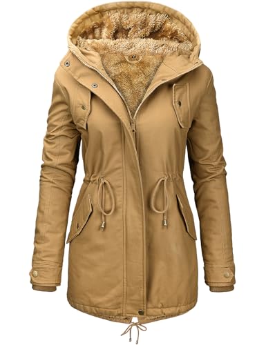 Vancavoo Manteau Femme Hiver Chaud Parkas Blouson Veste Polaire à Capuche Casual Doudoune avec Zippé,kaki,M