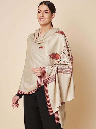 Image of Pashtush Womens Woollen Shawl, Kashmiri Embroidery Design Design, Taupe