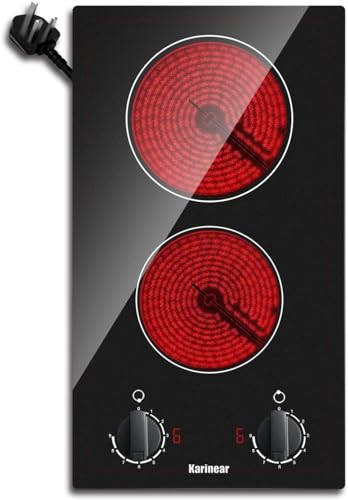 Karinear Ceramic Hob 30CM 2 Zones Electric Hob with Plug, Matt glass 2800W