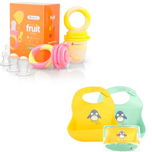 Image of NatureBond Baby Food/Fruit Feeder (2 Pack) and Silicone Baby Bibs (Set of 2 w/Carry Pouch) Bundle