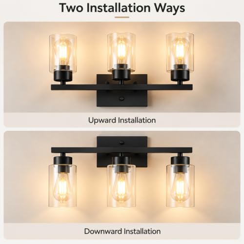 IZORRO Bathroom Light Fixtures, Modern Vanity Lights, Bathroom Lighting Fixtures Over Mirror with Clear Glass Shade, Wall Sconce for Living Room Cabinet Bedroom (Matte Black, 3-Light) - Image 4