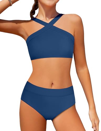 Image of Girls Swimsuits 2 Piece Bikinis Set Colorblock Bathing Suits Criss Cross Strap Girls' Swimwear