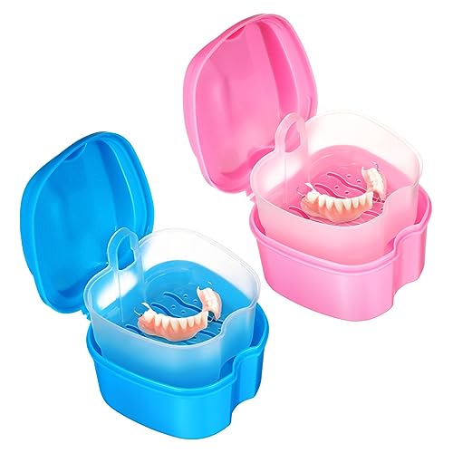 ARTSEWPLY 2 piezas Estuche Portátil para Dentaduras Postizas Juego de Contenedor de Viaje Ligero y Compacto para Almacenamiento Seguro y Transporte de Prótesis Color Azul y Rosa
