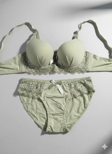 Image of Women's Elegant Lace Trim Padded Lingerie Set with Bow Detail, Push-Up Bra and Matching Panty, Available in six Colours