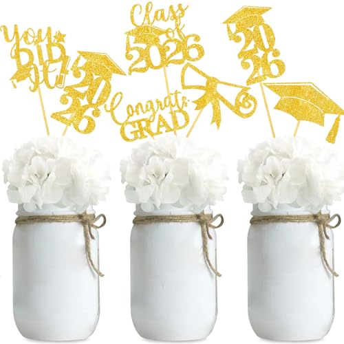 Image of Graduation Centerpiece Sticks 24PCS Glitter Grad Picks Party Table Decor Senior High School College Sign Gold