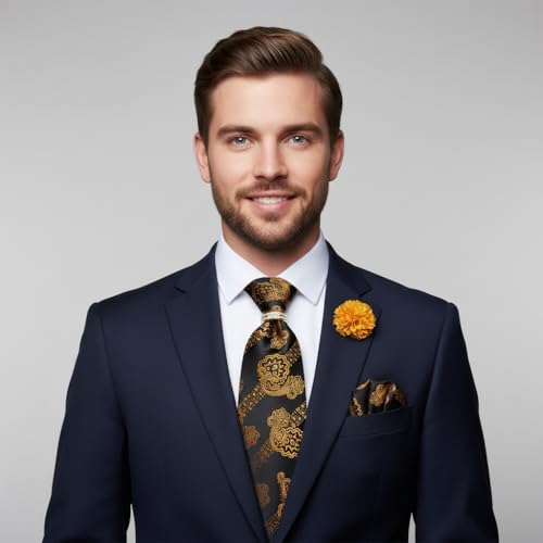Image of 5PCS Mens Silk Tie, Pocket Square, Cufflinks, Drilled Tie Ring and Lapel Pin Set for Wedding Groom Party