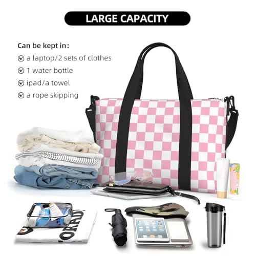 Laptop Tote Bag for Women Work - Pink Pastel Checkered Print Weekender Overnight Bags for Women Travel, Gym Duffle Bag for Men, Personal Item Crossbody Travel Bags for Men Carry On4