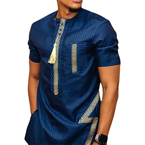 VIVICOLOR Men's Blue African Dashiki Shirt Men Button Collar Short Sleeve Ankara Tops Tribal Ethnic Print Slim Fit Outfit Plus Size, X-Large