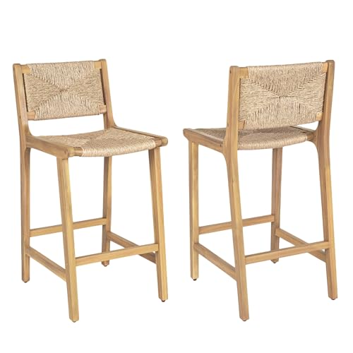 Christopher Knight Home Beryl Patio Barstool Set of 2, Outdoor Counter Height Stool with Wood Frame and Natural PE Wicker, Bar Stool with Backrest/Footrest for Backyard Balcony Garden, Light Teak by Christopher Knight Home - Used condition - Image 5