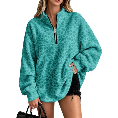 Quarter Zip Pullover Women Leopard Flannel Sweatshirt Warm Pullover - image 1