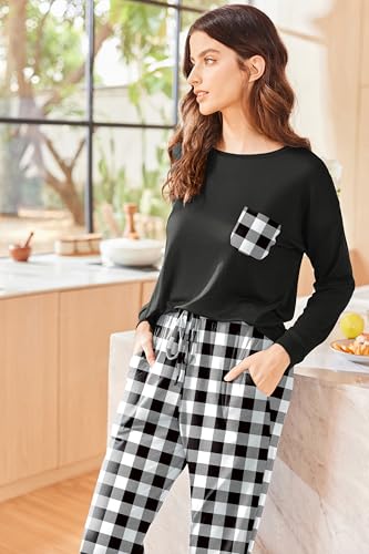 Ekouaer Womens Pajamas Set Long Sleeve Pjs Soft Lounge Sets for Women Sleepwear Joggers with Pockets — view 4