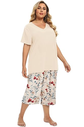 Image of Vozanet Women's Pajamas Set Soft V Neck Sleepwear Top and Capri Pj Lounge Sets Cartoon Heart Shape Cat Nighty Plus Size