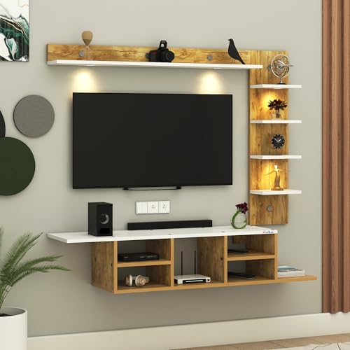 Image of Anikaa LED Light TV Unit Wall Mounted TV Unit Wall TV Stand TV Entertainment Unit TV Cabinet for Living Room, Set Top Box Stand - Giantwood /White (D.I.Y) Ideal for up to 50 inch inches (Giantwood, 130 cm)