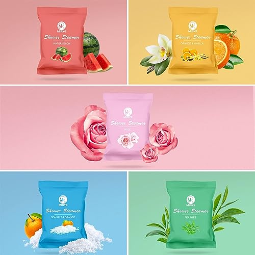MR MIRYE Dusche Dampfparfüm - 20 Packungen Dampfbomben Parfüm Geburtstagsgeschenke für Frauen, Bio-Orangen und Vanille, Meeressalz und Orangen, Rosen, Teebaum, Geschenkkorb für Frauen