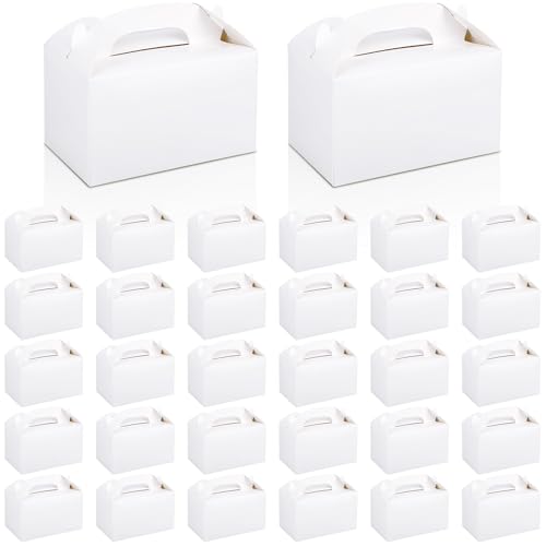 MIMIND 32 Pack White Party Favor Boxes Gable Treat Boxes with Handles 6 x 3.5 x 3.5 Inches Birthday Gift Goodie Boxes for Cookies Candies for Wedding Baby Shower Party Supplies