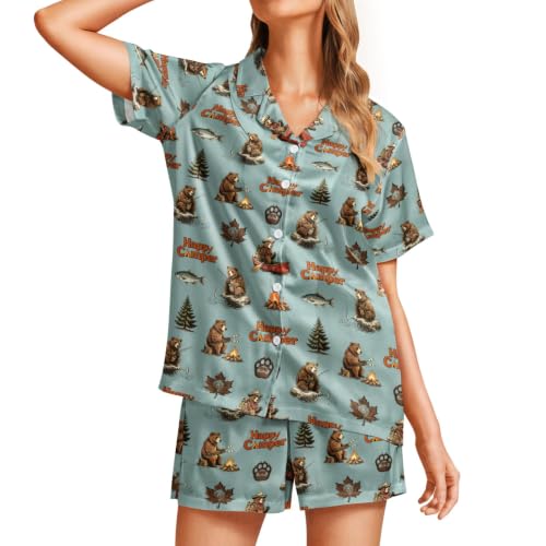 Image of Funny Satin Pajamas Set for Women Button Down Sleepwear Print Pjs Set 2 Piece Short Sleeve Loungewear Gift for Women