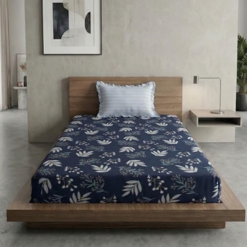 Image of Home Sizzler 210TC Midnight Navy Botanical Fern Elastic Fitted Single Bedsheet (72X36 Inch) with 1 Pillow Cover