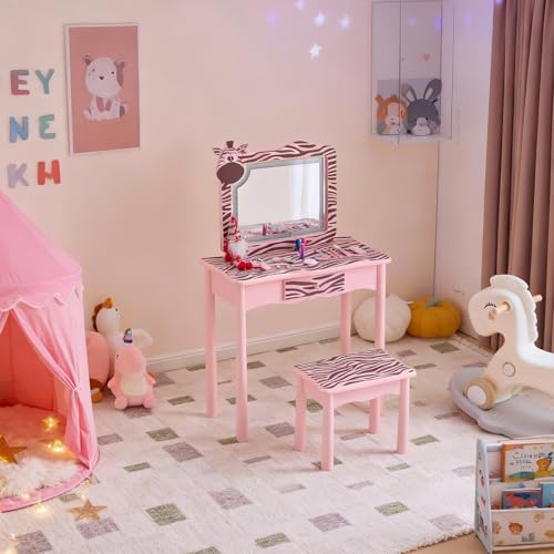 Image of Vanity Set,ShyneeMakeup Dressing Vanity Set Wooden Princess Makeup Table with Cushioned Stool,Drawer,Wooden Legs and Mirror, Make Up Dressing Play Set for Girls (Pink Zebra)