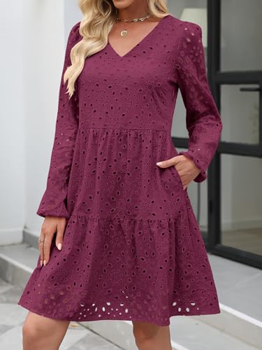 ANRABESS Long Sleeve V Neck Dresses for Women Eyelet Hollow Out Business Casual Tiered 2025 Fall Mini Dress with Pockets3