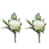 Kukishop 2pcs Boutonniere for Men Wedding, Groom Groomsman Artificial White Rose Flowers with pins...