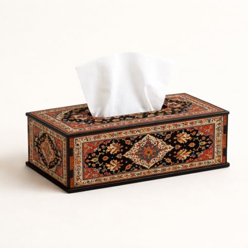 Image of Rust Black Oriental Persian Printed Tissue Box Holder Decorative Wooden Tissue Box Cover for Living Room & Desk 6.5x5x3 Inch