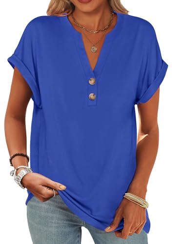 Image of ANRABESS Womens Short Sleeve Henley Tops V Neck Dressy Casual Blouses Summer Trendy Tee Shirts 2026 Vacation Fashion Clothes