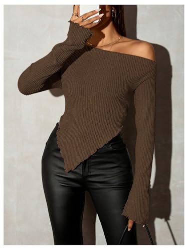 Milumia Women's Sexy One Off The Shoulder Long Sleeve Top Asymmetrical Hem Ribbed Knit Tee Tops4