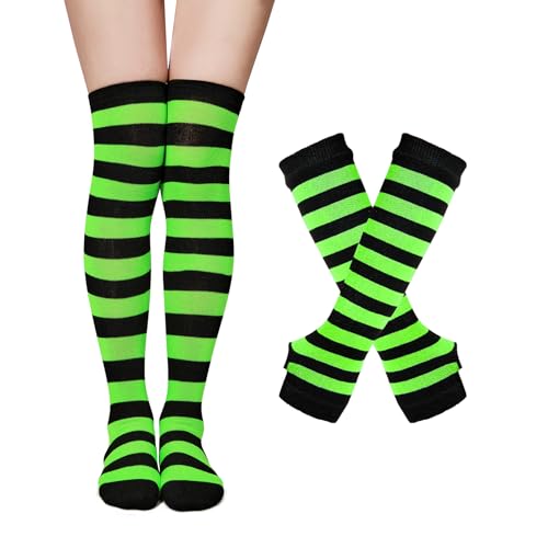 Zando Halloween Striped Thigh High Socks for Women Fingerless Gloves Set Knitted Arm Warmers Thigh Highs Emo Scene Femboy Over the Knee Socks Long Tube Leg Warmers Cosplay Goth Casual Black Green