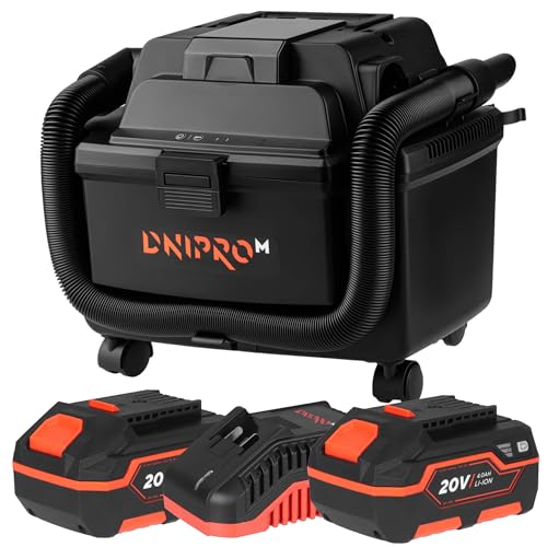 Dnipro-M Aspirador inalámbrico seco y húmedo DVC-200BC Ultra 18V/20V con 2 baterías BP-240 4Ah y Cargador FC-230, Motor sin escobillas, 2 Modos de succión, 16L, función de soplado