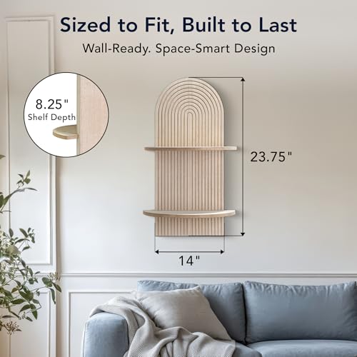 Image of American Art Decor Carved Lunar Ledges 2-Tier Modern Display Arched Wall Shelf Storage for Bedroom Bathroom Kitchen Living Room - Natural Beige - 23.75 inch x 14 inch x 8.25 inch