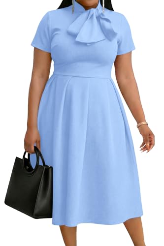 Image of FANDEE Midi Dress for Women Casual Short Sleeve A-line Semi Formal Fit and Flare Dress Classy Tie Neck Work Business Dresses