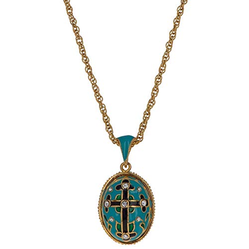 BestPysanky Turquoise Enamel Black Cross Royal Egg Pendant Necklace 20 Inches