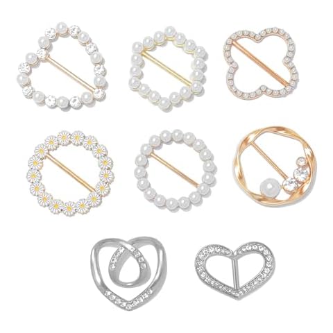 Nalefow 6-8PCS Silk Scarf Ring Clip T-Shirt Tie Clips for Women Shirt Waist Clips Tightener for Loose T-Shirt Scarf Buckle (8 PCS) (8x Pearls Crystal Flowers) Cover