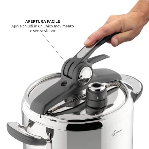 Lagostina Novia Vitamin Lagoeasy'UP Pentola a Pressione 7 L in Acciaio Inox 18/10 Ø 22 cm, Pentola Induzione e Gas, Coperchio con Apertura Facilitata, Inclusi Cestello, Ecodose e Ricettario