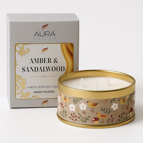 Image of AuraDecor 3-Wick Scented Tin Candle | Premium Gift Set | Hand Poured Soy Blend | Long Lasting | Home Fragrance | Relaxation & Decor (Amber & Sandalwood)