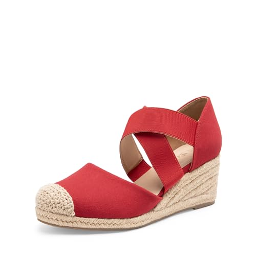DREAM PAIRS Womens Close Toe Espadrilles Platform Slip on Elastic Criss Cross Straps Dressy Wedges Sandals 6 Red