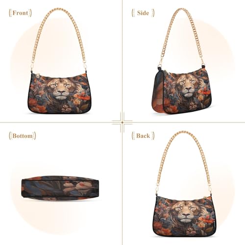 Lion Flower Shoulder Bag for Women, Handbag with Chain Strap, Soft Purse Tote Bag for Ladies3