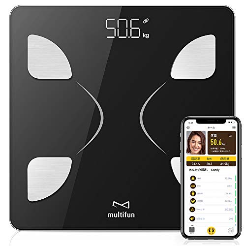 multifun 体重計 体組成計 体脂肪計 薄型 軽量 高精度 電源自動ON/OFF スマホ連動 スマートスケール 体重/体脂肪率/体水分率/推定骨量/BMIなど14組みのデータを測定 Bluetooth対応 iOS/Androidアプリで健康管理 日本語APP&説明書対応 収納便利 ブラック