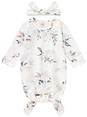 Image of Mini honey Newborn Baby Sleepy Floral Striped Gown Headband Sleepwear Romper Sleeping Bags (0-3 Months, White Blue)