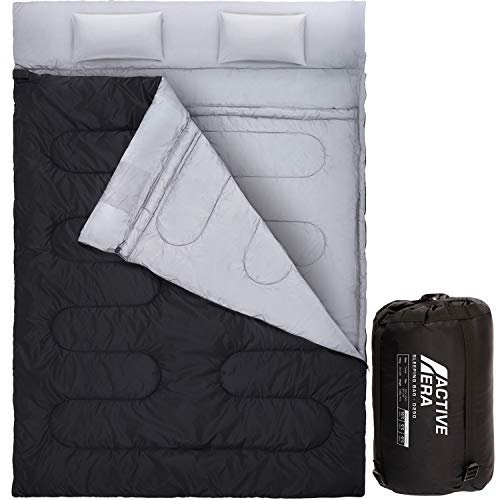 Active Era Double Sleeping Bag  Water Resistant and Lightweight Queen Size with 2 Pillows & Compression Bag, Converts into 2 Singles  3 Seasons 32F, Perfect for Camping, Hiking, Outdoors & Travel