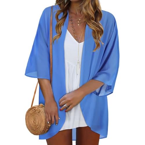 Kimonos for Women Chiffon Cardigans Bathing Suit Cover Ups Summer Tops Open Front Resort Wear (Blue,S)