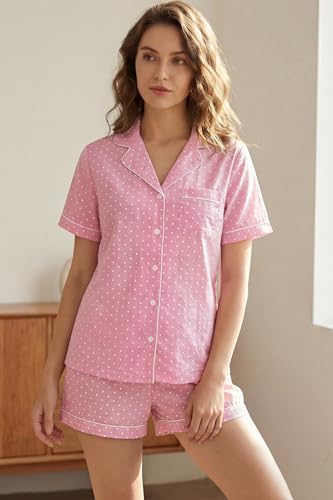 Image of LUBOT 100% Cotton Pajamas for Women 2 Piece PJ Set Poplin Woven Lightweight Ladies Button Short Sleeve Sleepwear S-XXL