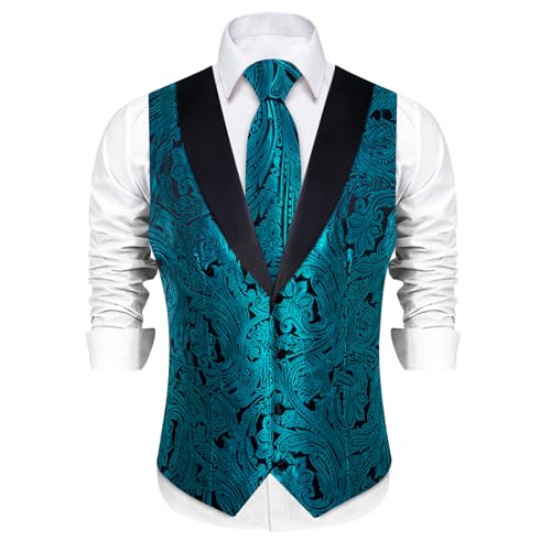 Image of DiBanGu Mens Paisley Suit Vest Silk Jacquard Waistcoat and Necktie Set Formal Shawl Collar Dress Vest 7PCS for Wedding Party