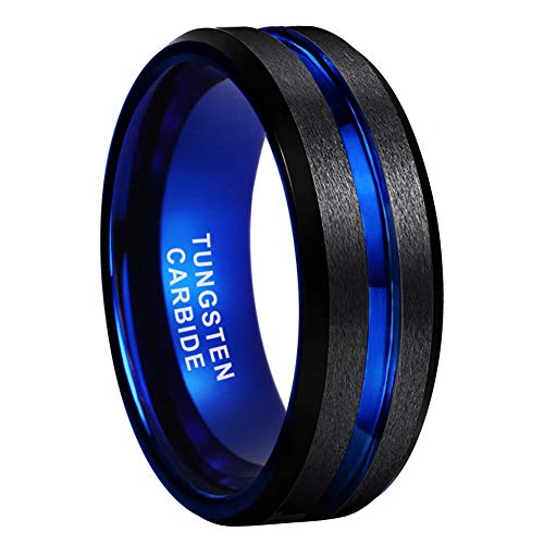 iTungsten 8mm Black Blue Tungsten Carbide Rings for Men Women Wedding Bands Two Tone Beveled Edges Matte Finish Comfort Fit