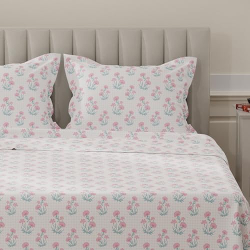 Image of Layers 100% Cotton Bedsheet for King Size Bed | Lumina Floret Collection | 144 TC Soft & Breathable | Printed with 2 Pillow Covers | Wrinkle Free & Colorfast | 3 Piece Bedding Set - Blue & White