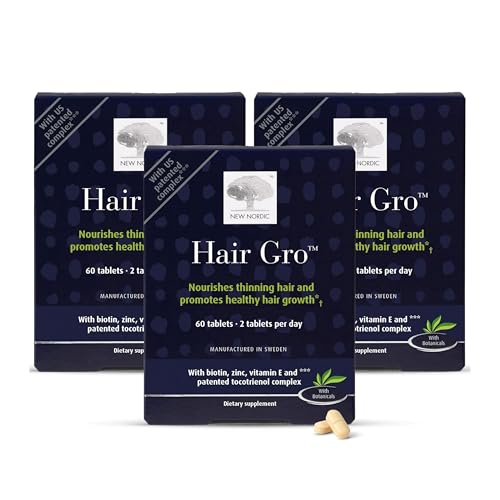 NEW NORDIC Hair GRO Hair Growth Supplement Biotin & Palm Fruit Extract Tocotrienols for Natural Regrowth 60 Count (Pack of 3)