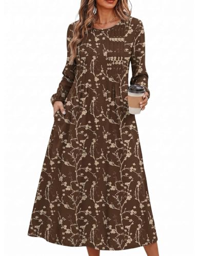 Zeagoo Floral Dress for Womens Fall Dress Long Sleeve Midi Dresses 2026 A Line Pleated Dress for Autumn Winter Brown Floral XL