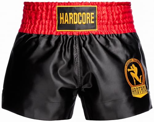 Hardcore Training Classiс Muay Thai Short Boxe Homme Kickboxing Sparring MMA Combat Thaiboxe (FR/ES, Alpha/Lettres, 3TG, Taille Normale, Taille Normale, Red Black Gold)