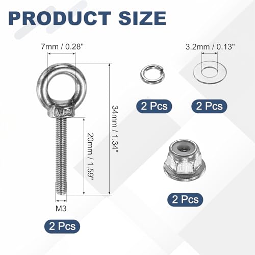 Image of PATIKIL M3 x 20mm Shoulder Eye Bolt, 2 Pcs 304 Stainless Steel Lifting Ring Threaded Eye Bolt with Flange Lock Nuts Spring and Flat Washers for Hanging Tie Down Straps Outdoor Indoor