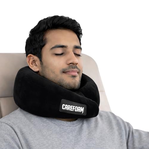 Image of CareFoam Virgin Memory Foam Travel Neck Pillow for Airplane, Car & Train - Dual Height (5 inch & 4 inch) 360 Neck Support with Adjustable Velcro Fastening & Ultra-Soft Velvet Cover